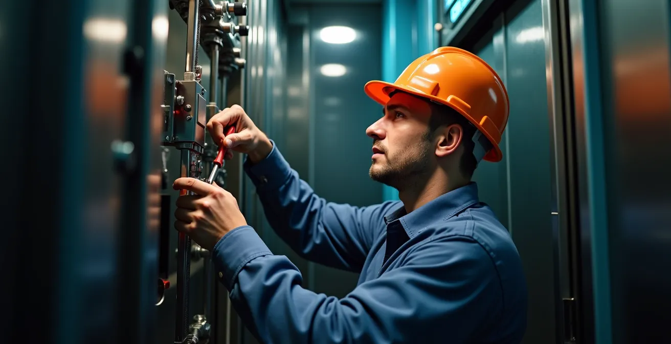 Technicien en maintenance inspectant le mécanisme d'un ascenseur privatif