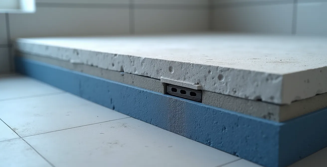 Vue en coupe technique montrant l'encastrement d'un receveur extra-plat dans une chape avec système d'évacuation horizontal