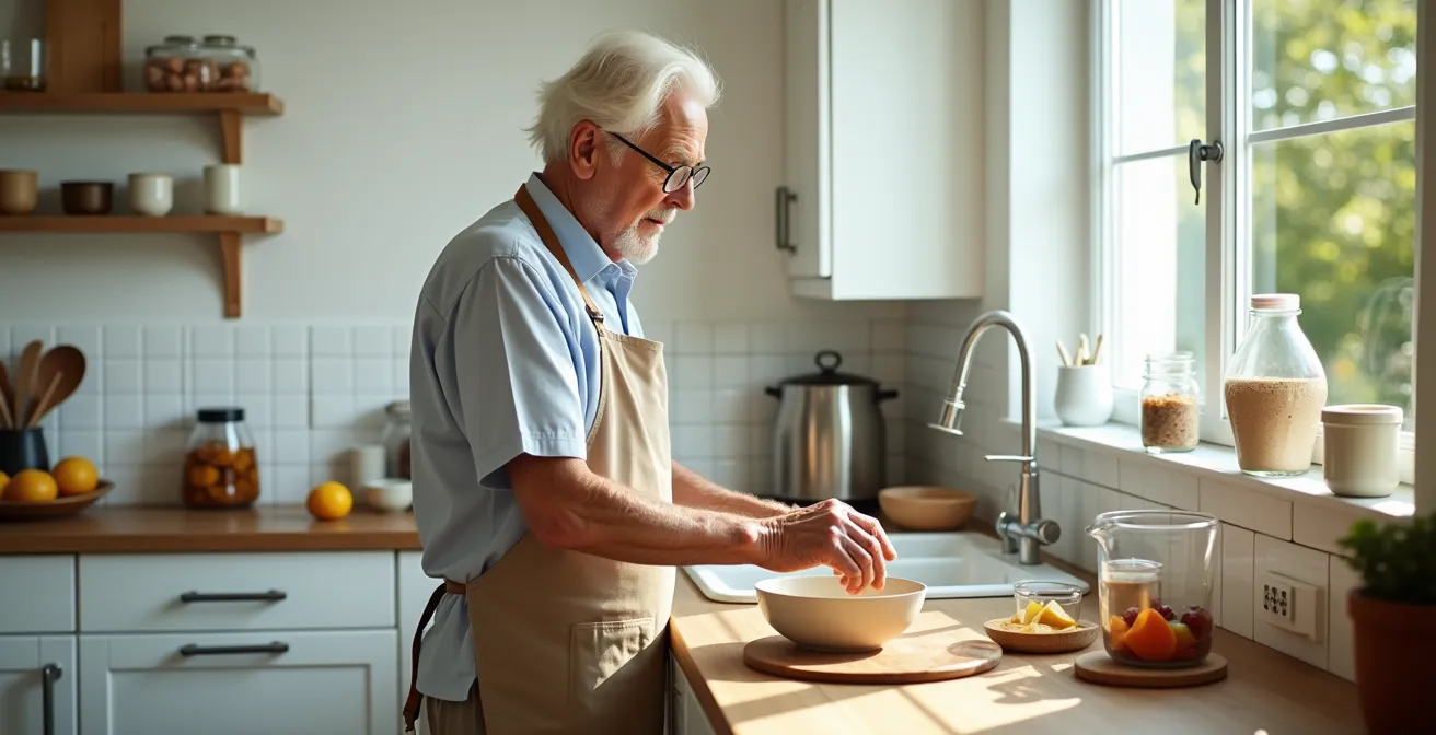 Personne âgée concentrée préparant une recette dans sa cuisine
