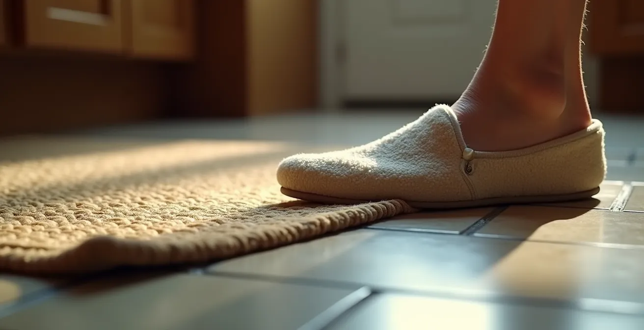 Gros plan sur un pied en pantoufle testant le bord relevé d'un tapis de cuisine