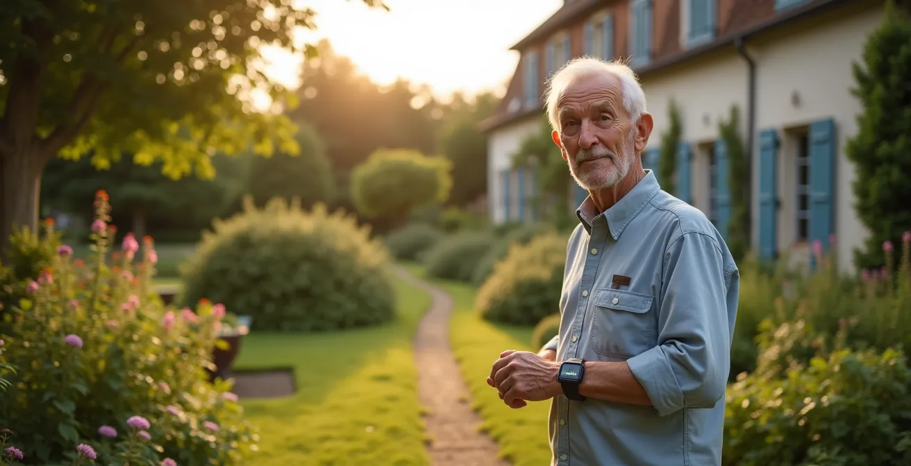 Senior testant avec confiance la portée de son dispositif de téléassistance dans son jardin.