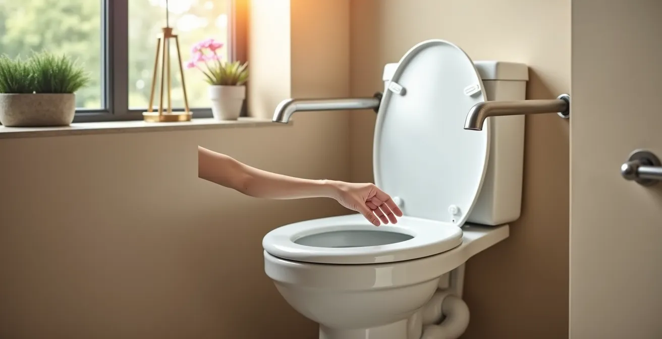 Salle de bain moderne avec WC surélevé et barres d'appui latérales ergonomiques