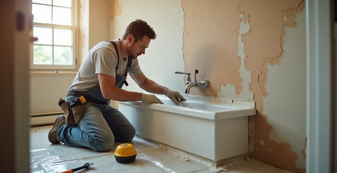 Mur de salle de bain en cours de préparation avec application de traitement d'étanchéité