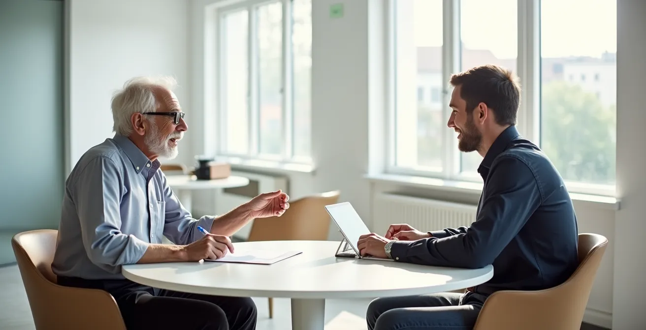 Senior et jeune collaborateur échangeant autour d'une table ronde dans un espace de coworking lumineux