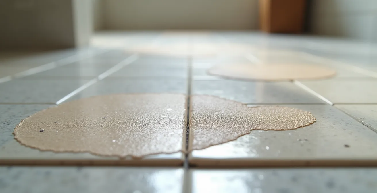 Détail macro de l'usure d'un carrelage antidérapant causée par des embouts de canne