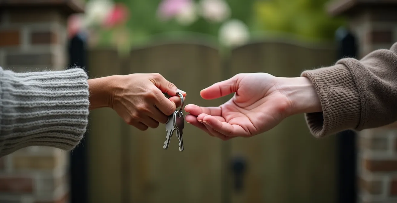 Voisins âgés discutant amicalement près d'un portail de jardin