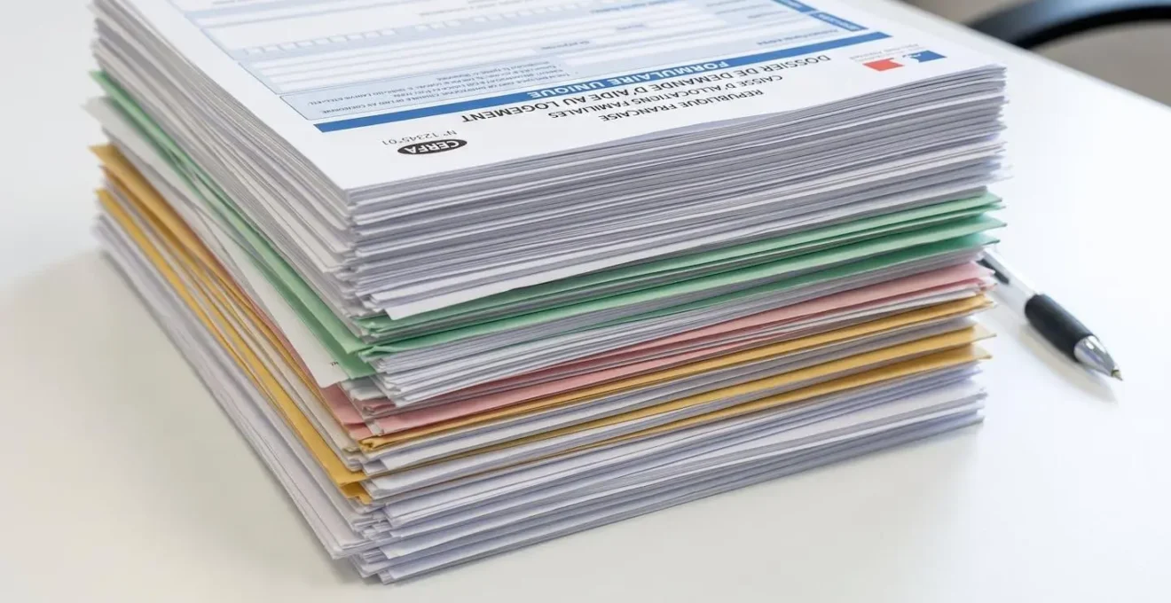 Gros plan sur une pile de formulaires administratifs français relatifs aux demandes d'aides sociales, posés sur un bureau