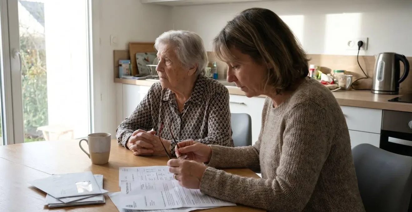 Une femme d'âge mûr et sa mère âgée examinent ensemble des documents administratifs sur une table de cuisine, dans une atmosphère de préoccupation