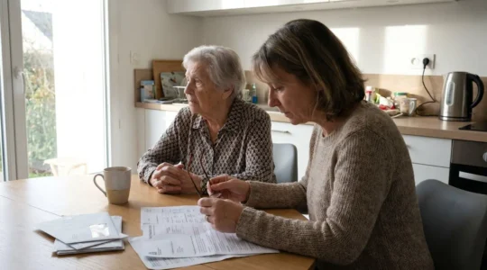 Une femme d'âge mûr et sa mère âgée examinent ensemble des documents administratifs sur une table de cuisine, dans une atmosphère de préoccupation