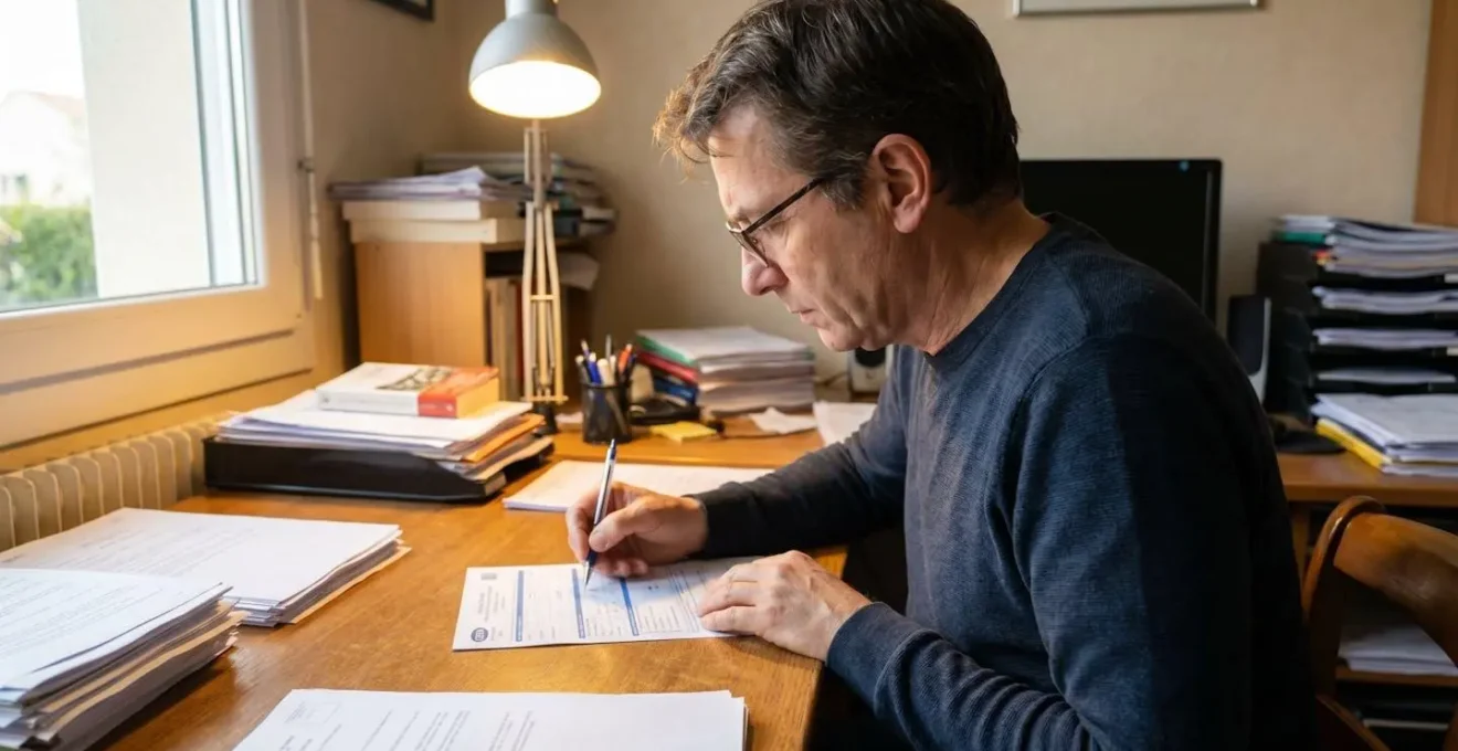 Personne d'une cinquantaine d'années assise à un bureau remplissant un formulaire administratif, vue de profil