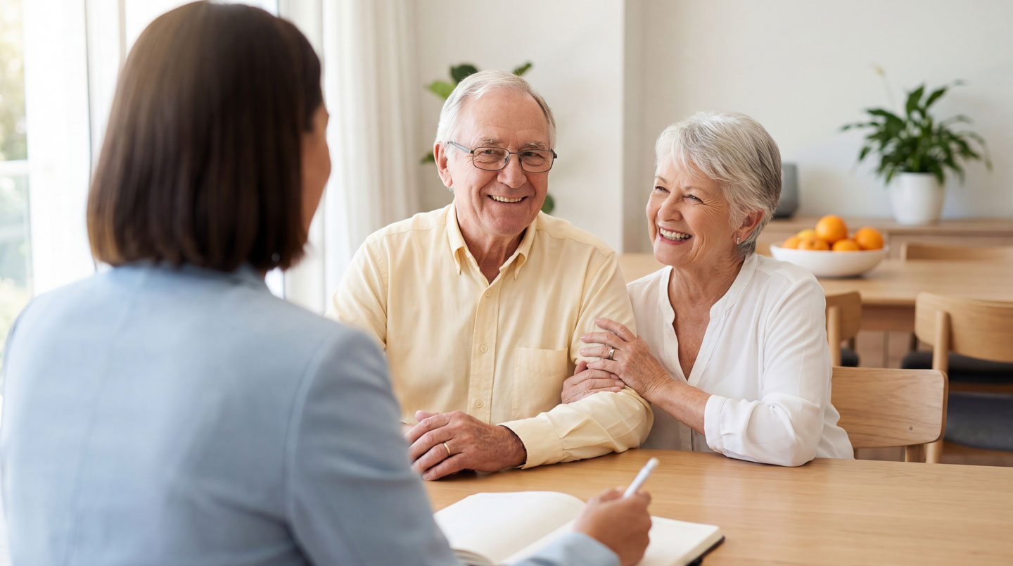 Famille visitant une résidence pour seniors avec une conseillère d'accueil
