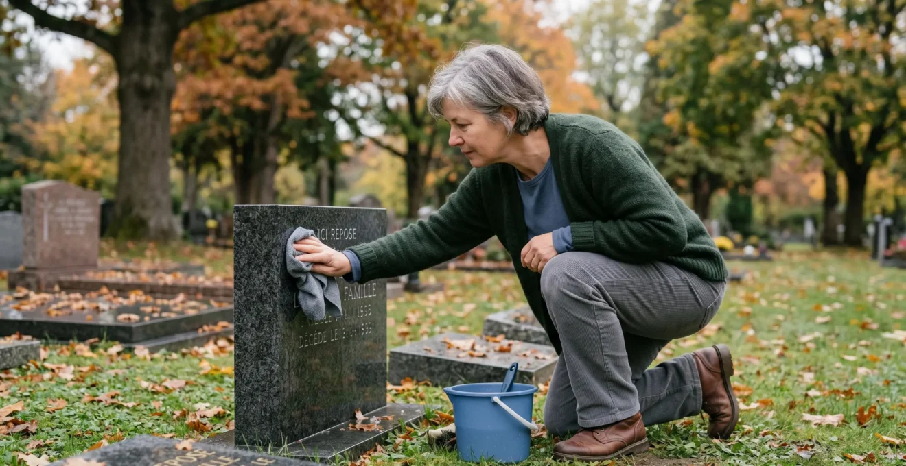 Personne nettoyant avec délicatesse une stèle funéraire en granit dans un cimetière arboré