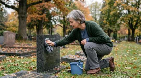 Personne nettoyant avec délicatesse une stèle funéraire en granit dans un cimetière arboré