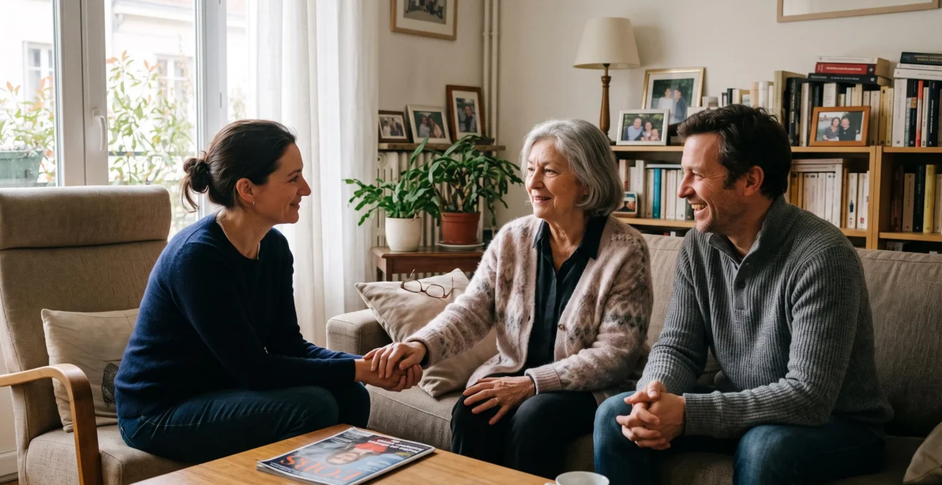 Personne âgée et sa famille en discussion bienveillante sur le choix d'une maison de retraite