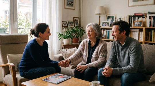 Personne âgée et sa famille en discussion bienveillante sur le choix d'une maison de retraite