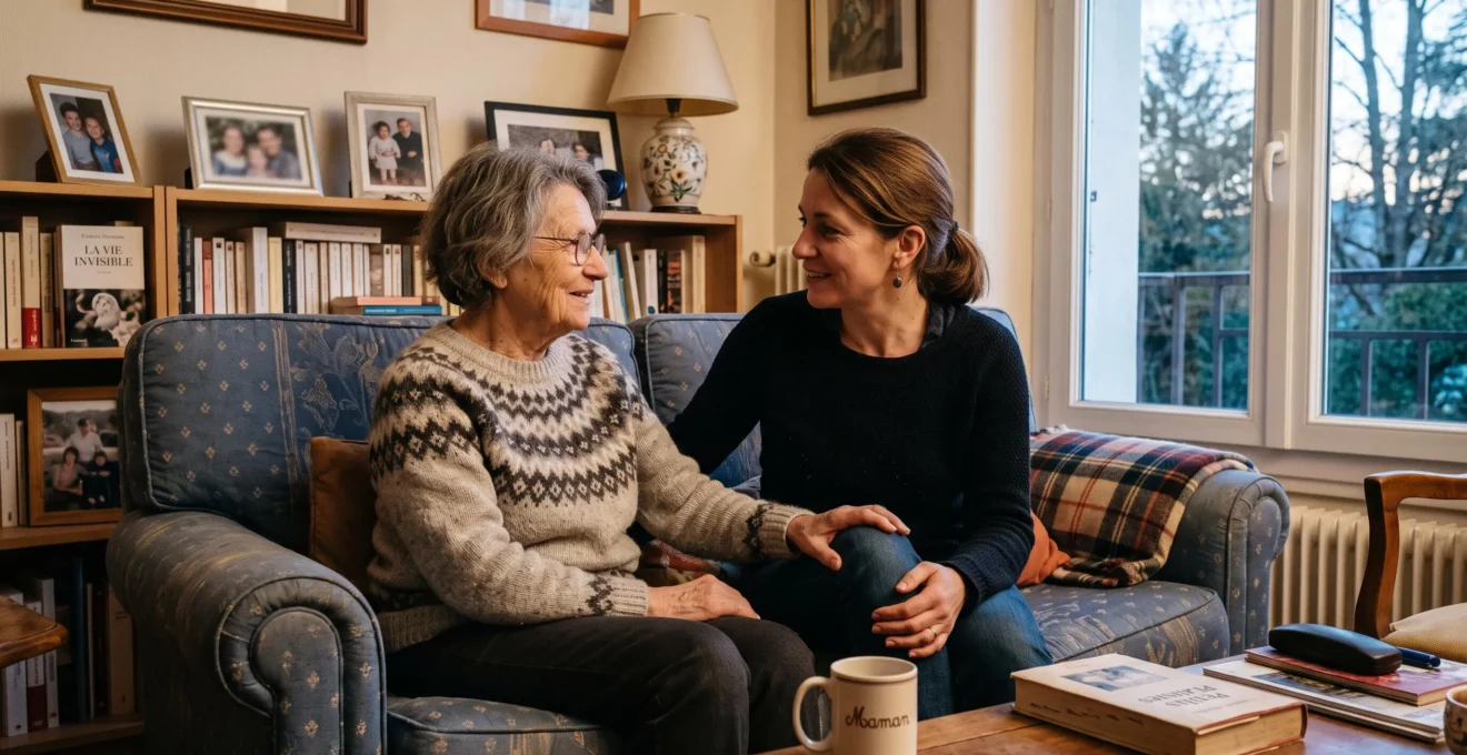 Mère âgée et fille adulte en conversation apaisée dans un salon